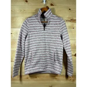 Thread & Supply Women's Striped Pullover 1/4 Zip Sweatshirt in Pink and White Si